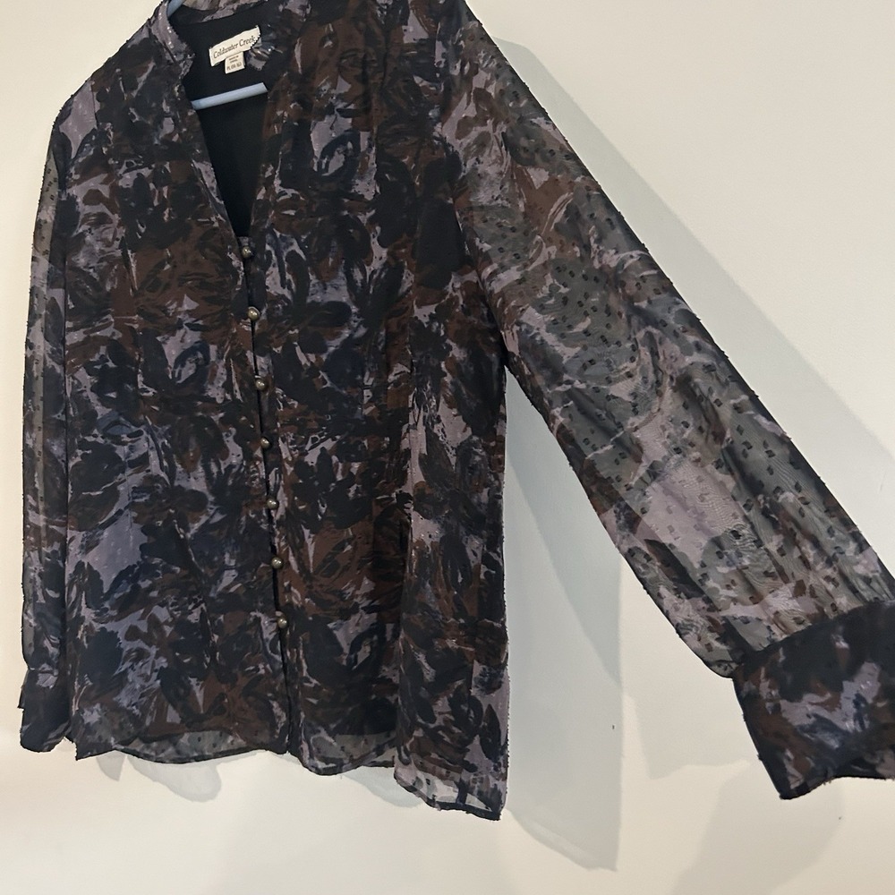 Dark Floral Purple Sheer Blouse Size PL 14-16 Buttons Romantic Coldwater Creek - Picture 4 of 14